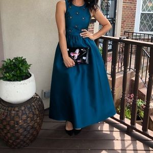 Green satin wedding guest dress